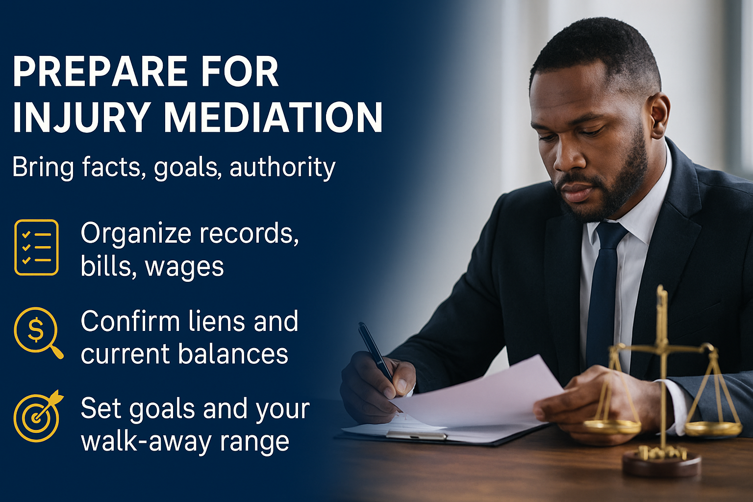 Prepare for Injury Mediation infographic: Bring facts, goals, authority